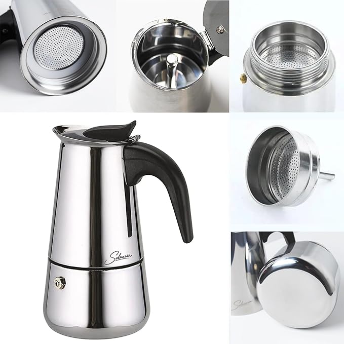 Espresso Maker 4 Cup Moka Pot Stainless Steel Percolator coffee pot, Compatible with Gas, Electric, Ceramic, and Induction stovetops(6.6 fl oz/200 ml)