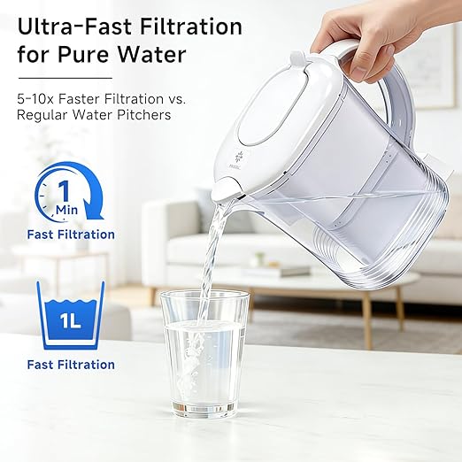Electric Water Filter Pitcher for Tap and Drinking Water,Long-Life Filter，Removes 99% Lead, BPA-Free, Fits Fridge, for Tap Water Purification (White)