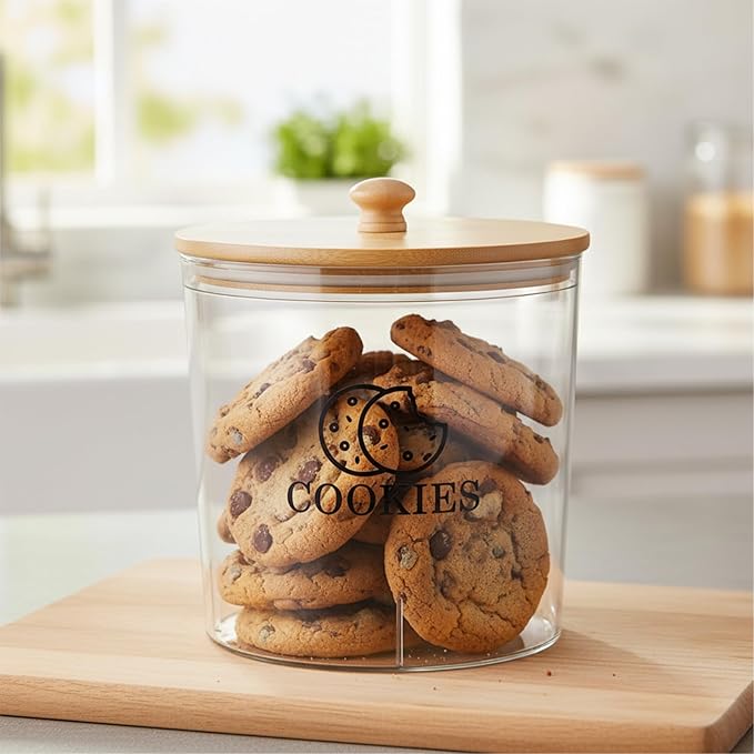 Cookie Jars with Wooden Lids Airtight, 2L Plastic Cookie Tin, Wide Mouth Candy Jar, Kitchen Counter Food Storage Container, Cute Jar for Gift Giving, BPA-Free, Round, Clear