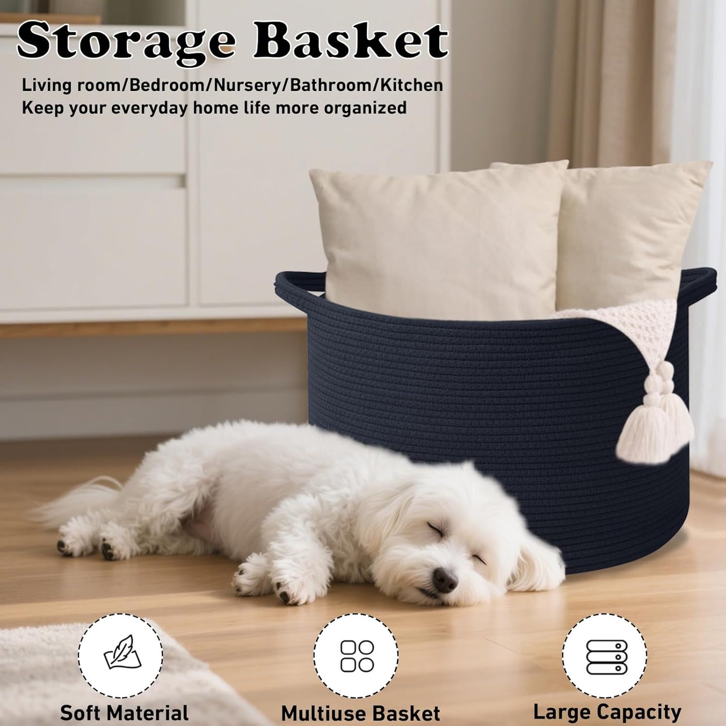 Large Blanket Basket for Organizing,65L Closet Organizers and Storage Bins Box for Shelves Woven Rope Storage Baskets,Living Room,Bedroom,Dorm,Laundry room (Navy)