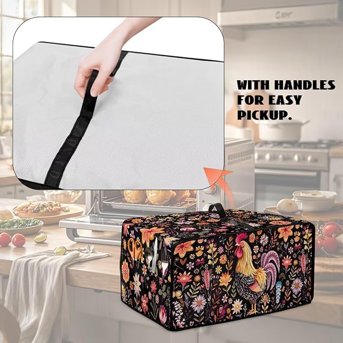 Microwave Oven Cover Air Fryer Toaster Oven Dust Cover with Accessory Pockets, Stain-resistant Small Electric Appliance Protector for Kitchen, L, Rooster Chicken Floral Black