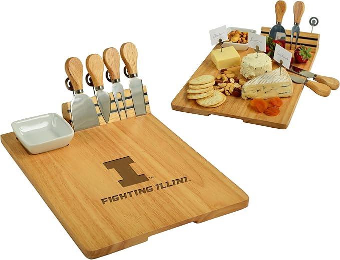 NCAA Illinois University Officially Licensed Fighting Illini Bamboo Cheese/Charcuterie Board with Ceramic Bowl, Knife Set & cheese Markers