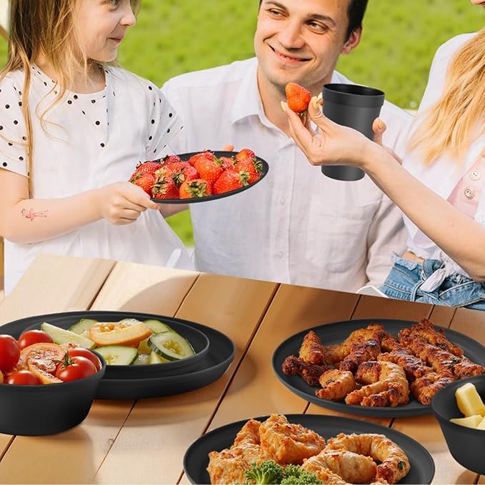 40 Piece Plastic Dinnerware Set for 8 with Cutlery, Unbreakable Plates and Bowls Set, Dishwasher & Microwave Safe Reusable Dish Set for Camping, RV, Outdoor Kitchen, Apartment Dining, Black