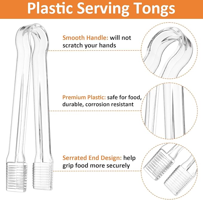 PEASUG 10 PCS Plastic Serving Tongs, Disposable Plastic Tongs, Clear Kitchen Small Serving Utensils for Serving for Party Food Buffet Appetizer Salad Catering Ice, 6.3 Inches