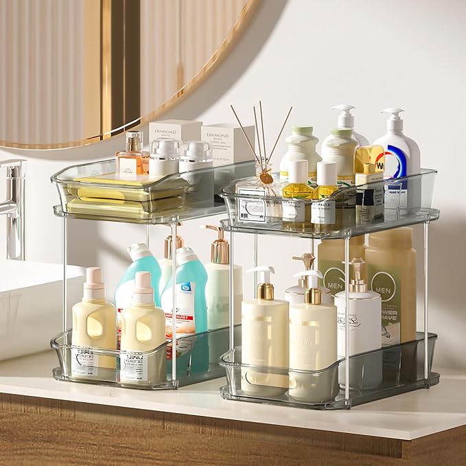 Delamu 2-Tier Under Sink Organizers and Storage, Multi-Purpose Stackable Bathroom Cabinet organizers, Pull Out Kitchen Pantry Organization and Storage with Dividers(3 Pack, Grey)