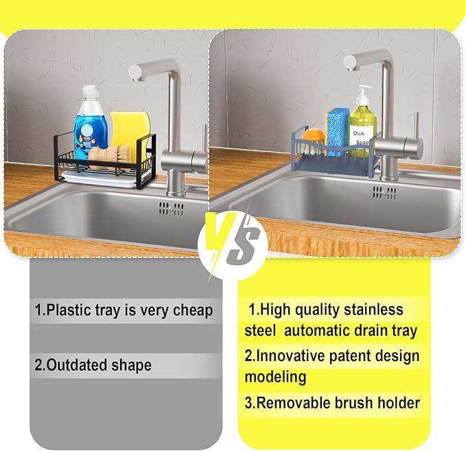 Maifan Stainless Steel Kitchen Sink Caddy Organizer with Auto Drain Tray, Sponge Holder for Countertop Storage Grey Blue
