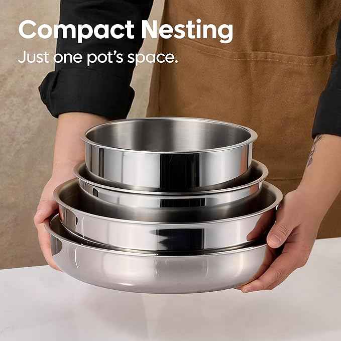 CAROTE 13pcs Tri-Ply Stainless Steel Cookware Set with Detachable Handle, Pots and Pans Set, Induction Kitchen Cooking Sets, RV/Camping Cookware, Oven Safe, Woodgrain Style
