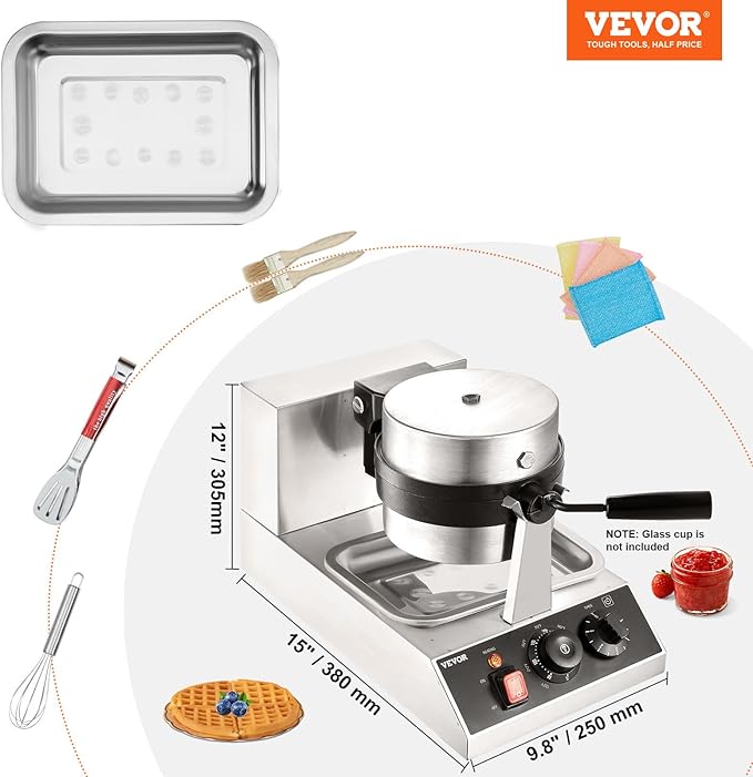 VEVOR Commercial Waffle Maker, 1 Piece per Batch, 1300W Round Waffle Iron, Non-Stick Waffle Baker Machine with 122-572℉ / 50-300℃ Temp Range Teflon-Coated Baking Pans Stainless Steel Body, 120V