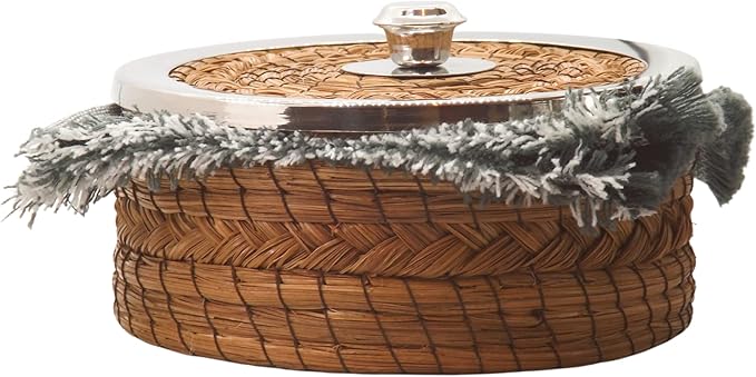 Authentic Mexican Tortilla Warmer Basket - Pine Needle Handwoven with Handloomed Cloth (7" Metal Rim w cloth)