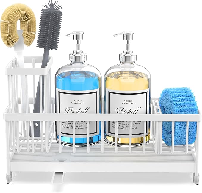 Moforoco Extra Large Kitchen Sink Caddy, Rustproof Sponge Holder with High Brush Holder, Stainless Steel White Kitchen Caddy Sink Countertop Organizer, Sponge Caddy for Kitchen Sink