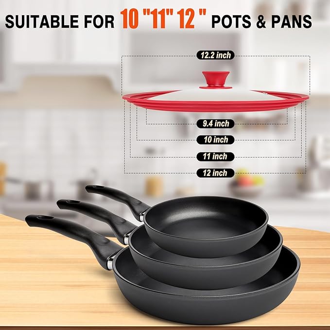 Universal Lids for Pots, Pans and Skillets, Replacement Pan Lid with Tempered Glass and Heat-Resistant Silicone Edge, Fits 10", 11",12" Cookware, Durable Frying Pan Cover