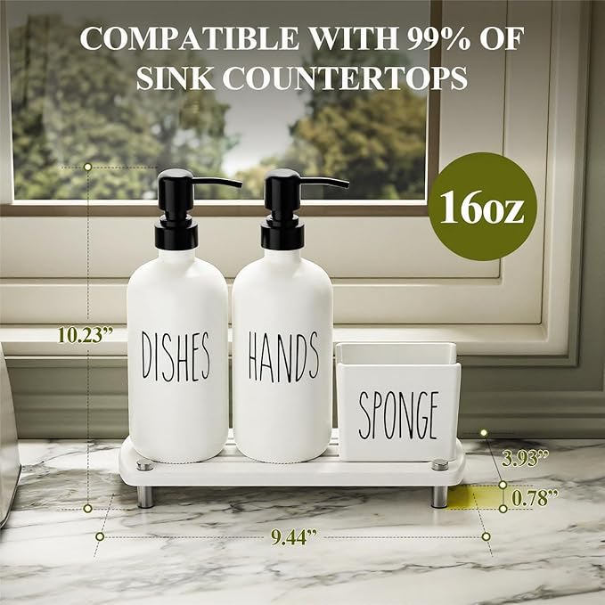 Cisily Kitchen Soap Dispenser Set Comes with Ceramics Sponge Holder, Gold Pumps, and Instant Dry Tray, Hand and Dish Soap Dispenser Set (4, Black + White + Sponge Holder)