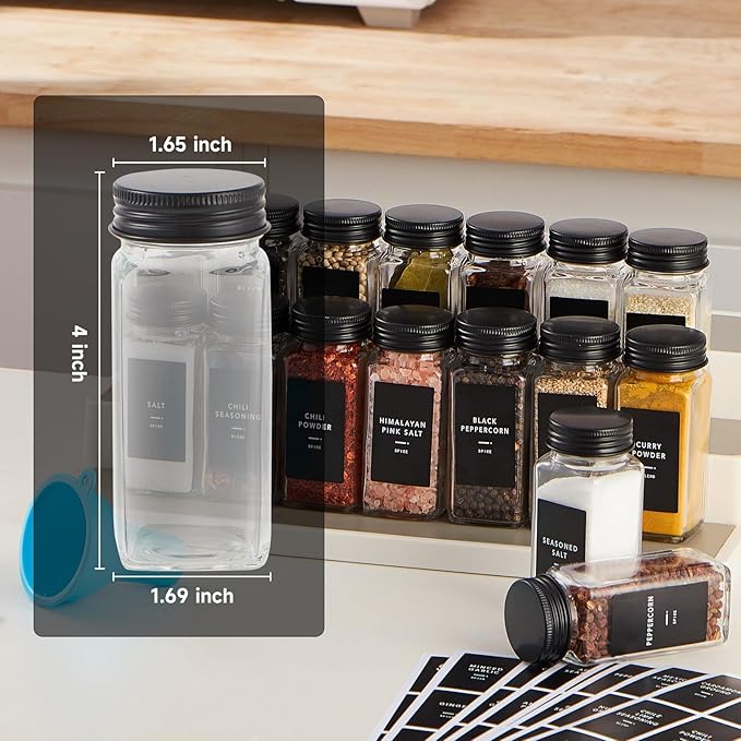 Skiileor 36 Pcs Spice Jars with Label- Glass Spice Jars with Black Metal Caps,Shaker Lids, Funnel, Chalk Pen, 4oz Seasoning Containers Bottles for Spice Rack, Cabinet, Drawer