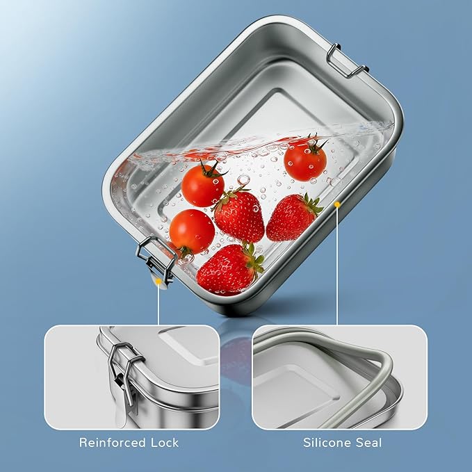 G.a HOMEFAVOR Stainless Steel Bento Lunch Box - Leak-Proof Metal Bento Box, Large Food Container with Lock Clips, Snack Container, Dishwasher Safe, 2 Compartments, 800 ml/27 oz