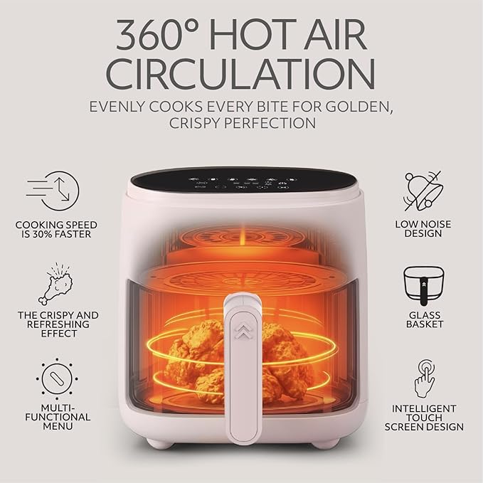 WILLOW Eco Series 6 in 1 Air Fryer with Glass Basket, 5 Quart Non Toxic Air Fryer w Digital Display, 430°F Max Temp, Preheat & Keep Warm Function, Compact + Dishwasher Safe Glass Pink Airfryer