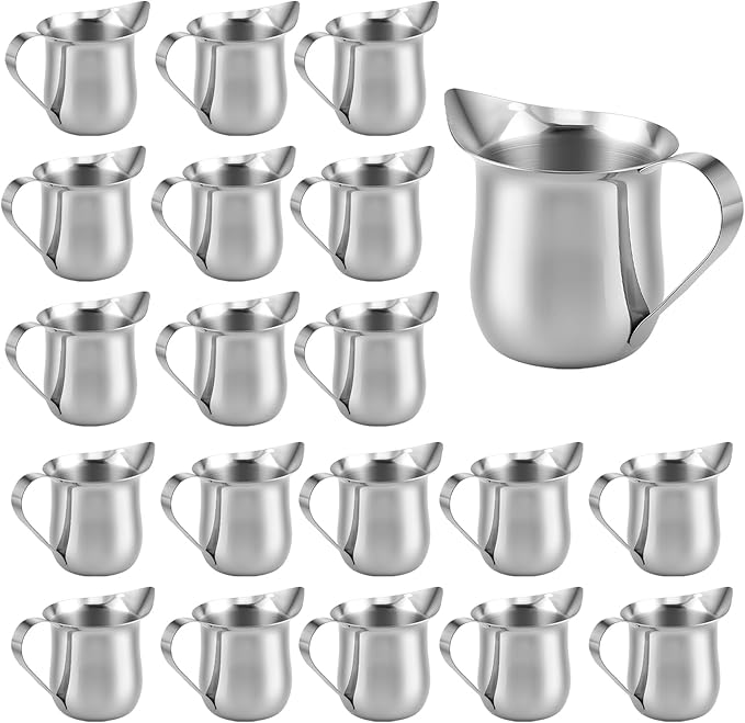 JAPCHET 20 Pack 3 Oz Small Metal Creamer Pitchers, Stainless Steel Bell Creamers with Pouring Spout, Mini Pitcher Cup Creamer Dispenser for Serving Milk, Coffee Cream, Sauce, Maple Syrup