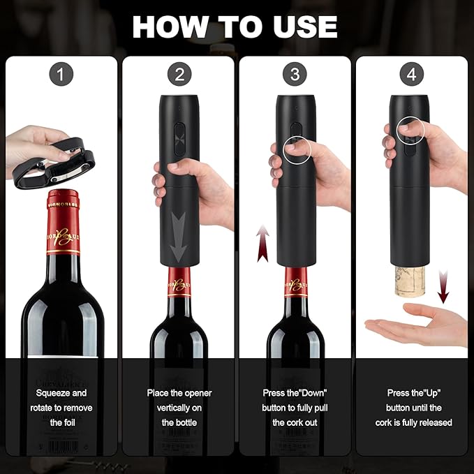 Electric Wine Opener Set with Charging Base, Rechargeable Automatic Corkscrew Bottle Opener with Pour, Preserver Vacuum Stopper, Foil Cutter, USB Charging Cable