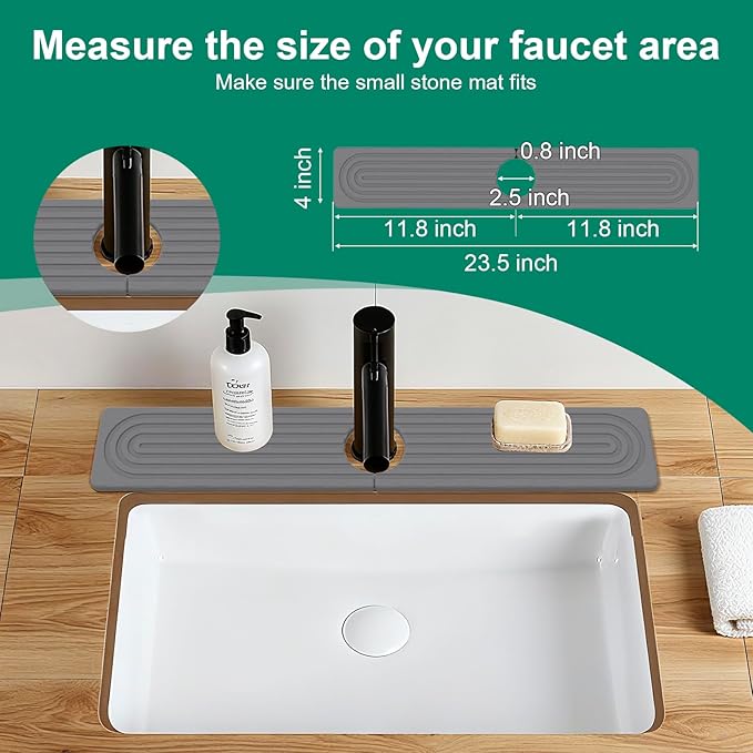 Stone Drying Mat for Kitchen Counter, 24"x16" Water Absorbing Dish Drying Mat with 24"x4" Faucet Mat for Kitchen Sink, Diatomaceous Earth Quick Dry Stone Mats for Dishes Bottles Cups (Dark Gray)