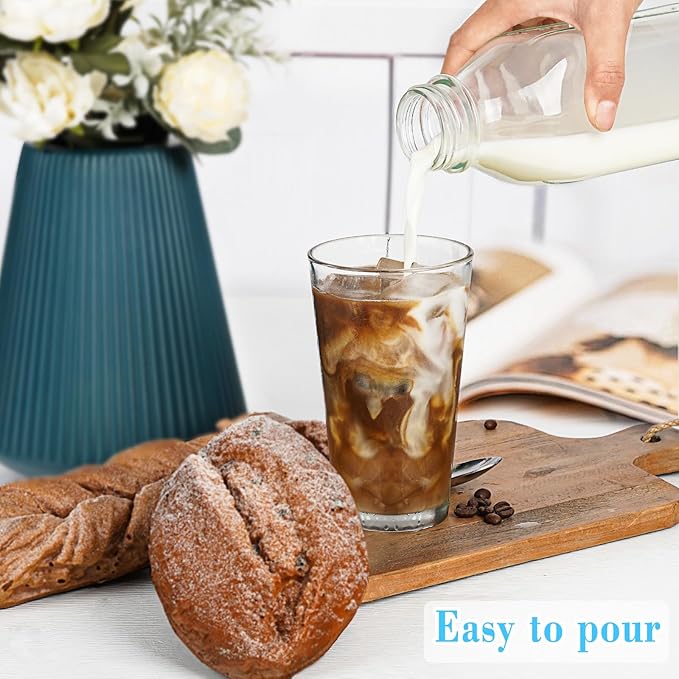 Syntic Square Liter Glass Milk Bottles with Airtight Lid - 100% Leak-Proof Heavy Duty Screw Cap, 32 Oz Glass Juice Bottles w Scale Mark, Reusable Jugs Pitcher for Homemade Juice(Extra 1 Lid and Pen)