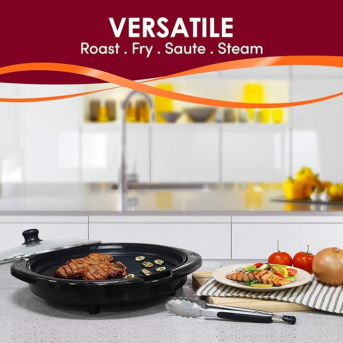 Elite Gourmet EMG-980BX Large Indoor Electric Round Nonstick Grill Cool Touch Fast Heat Up Ideal Low-Fat Meals Dishwasher Safe Includes Glass Lid, 14", Black