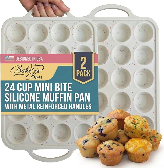 2-Pack - Silicone Mini Muffin Pan, – 24-Cup, Nonstick Silicone Muffin Pans for Baking with Metal-Reinforced Handles, – BPA-Free Muffin Tin Tray for Mini Cupcakes & Snacks – Dishwasher Safe, Cream