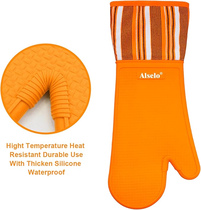 Alselo Oven Mitts Heat Resistant Silicone Kitchen Gloves for 550 Degrees with Waterproof and Non-Silp, Oven Gloves for Baking Cooking Barbecue Microwave Machine Washable (Extra Long Orange, 2)