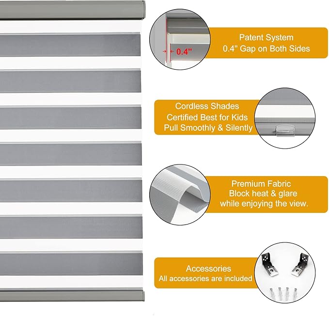 Persilux Custom Size Cordless Zebra Blinds for Windows Free-Stop Roller Windows Shades Dual Layer Light Control for Day and Night, Light Filtering Sheer Shades for Home and Bedroom Grey