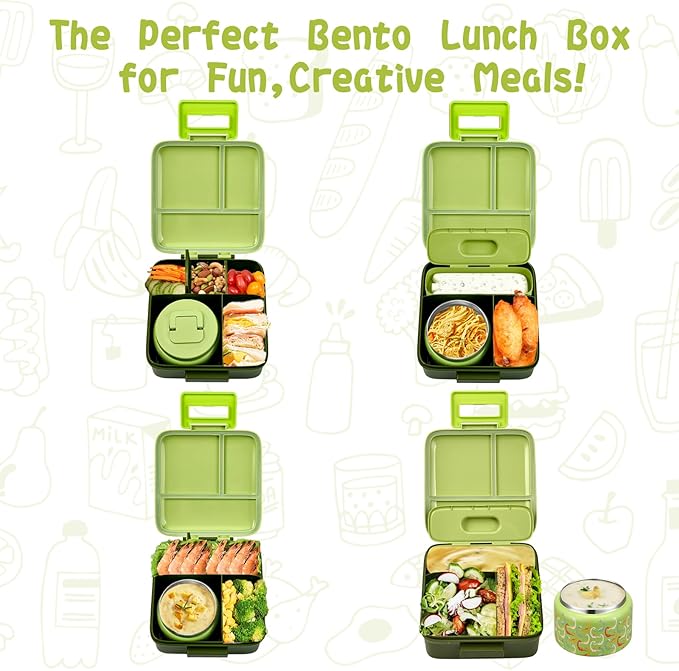Bento Lunch Box for Kids with 8oz Soup Thermo,Leak-Proof Lunch Containers with 5 Compartment,Thermo Food Jar Food Containers for School (Green-Colorful Dinosaur)