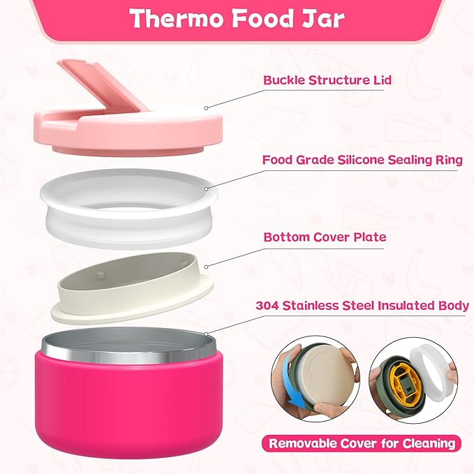 Kids Bento Lunch Box with 8oz Soup Thermo, Kids Leakproof Lunch Food Containers with 4 Compartment,Insulated Hot Food Jar with Lunch Bag for School, Travel (Pink)
