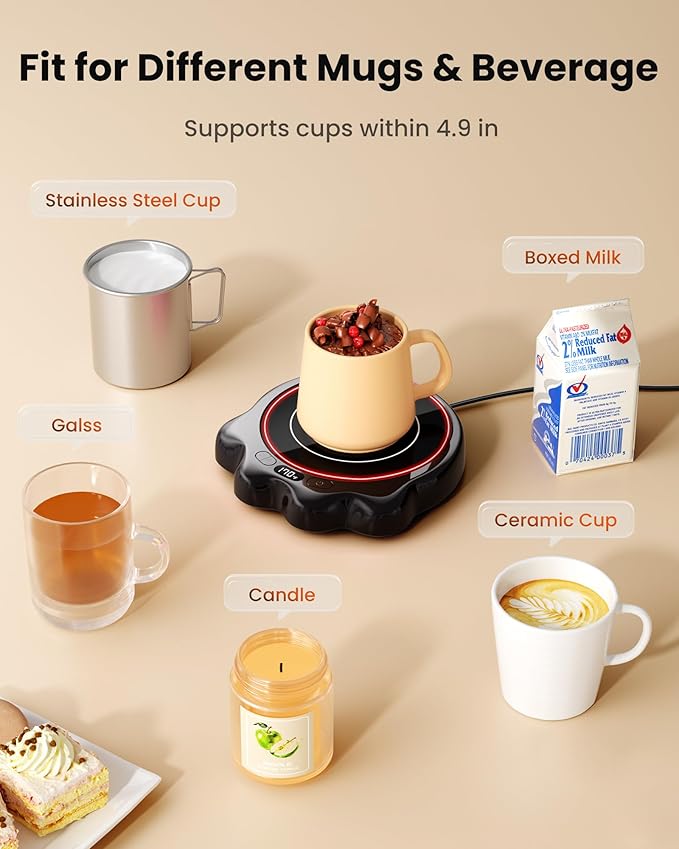 Gaiatop Mug Warmer, 50W Cute Cat Paw Cup Warmers, 3 Temp Settings, 2-10H Auto Shut Off, Coffee Accessories Keep Beverage Hot for Desk and Home, Heated Plate Stocking Stuffers for Tea Candle Black