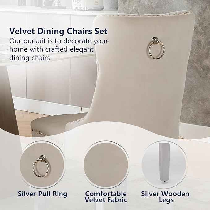 Velvet Dining Chairs Set of 4, Kitchen & Dining Room Chairs, Upholstered Dining Chairs with Back Ring Pull and Silver Solid Wood Legs, Modern Tufted Kitchen Chairs for Dining Room, Cream