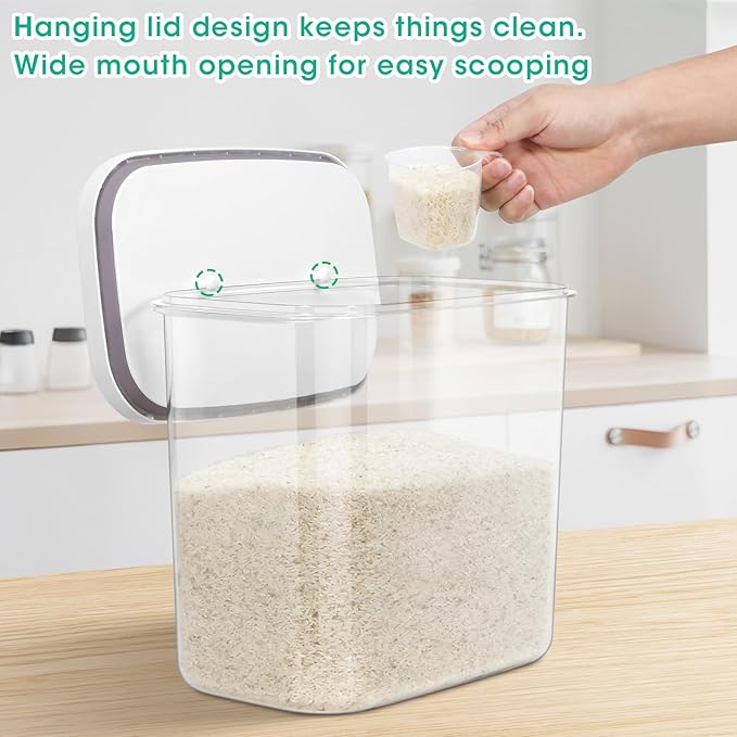 TBMax Large Rice Container 25 Lbs with Easy-Carrying Handles -12.7 Qt Flour Storage Container with Pop Up Lid & Hanging Hooks for Cleaner Use, Airtight Food Storage Bin for Kitchen Organization