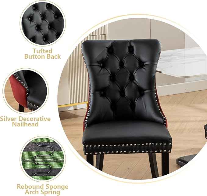 Dining Chairs Set of 4, Upholstered Dining Room Chairs with Back Ring Pull Trim and Solid Wood Legs, Modern Tufted Kitchen Chairs Perfect for Dining Room, Black Pu Leather Splicing WineRed Velvet