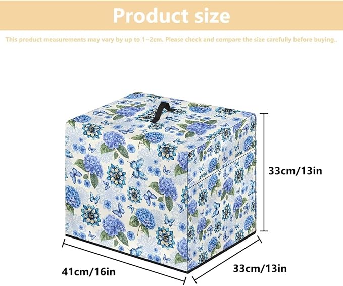 Food Slicer Cover Home Kitchen Electric Appliance Cover Waterproof Fabric Dust-Proof Durable Cheese Bread Meat Slicer Cover with Side Pocket and Top Handle, Blue Hydrangea Butterfly Print