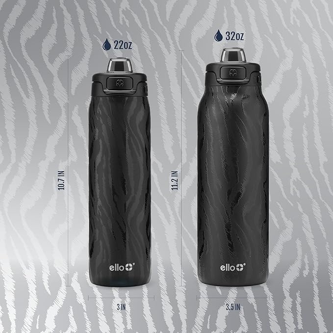 Ello Pop & Fill 32oz Stainless Steel Water Bottle with QuickFill Technology, Double Walled and Vacuum Insulated Metal, Leak Proof Locking Lid, Straw and Chug, Reusable, BPA Free, Black Zebra