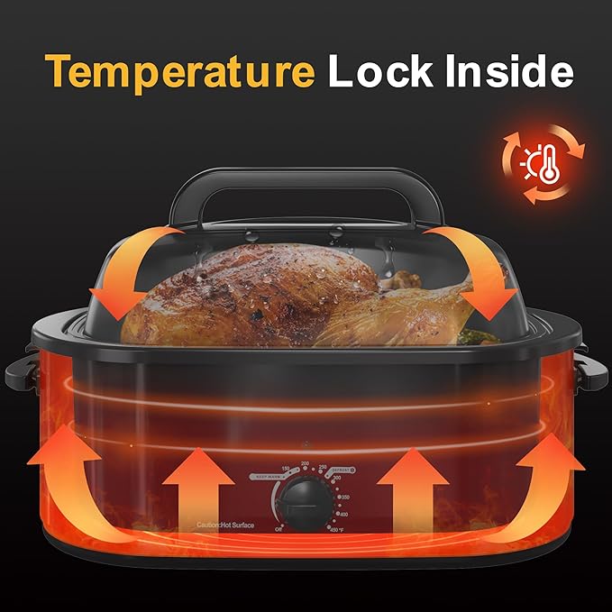 26 Quart Electric Roaster Oven with Visible & Self-Basting Lid, Large Turkey Roaster with Defrost Warm Function, Adjustable Temperature, Removable Pan Rack, Stainless Steel, Red