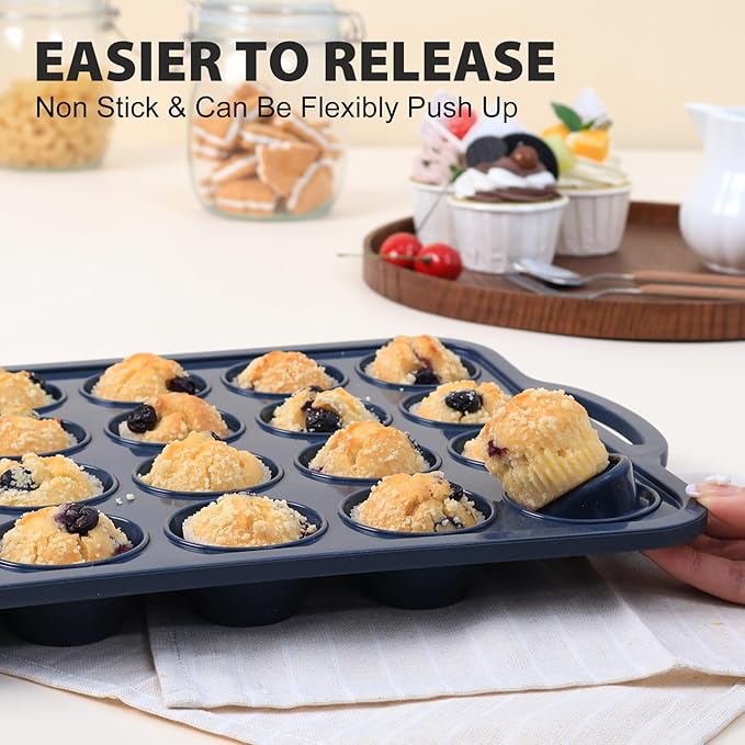 2 Pack Silicone Muffin Pan 12 and 24 Cup with Metal Frame,Non Stick Silicone Mini Cupcake Pan with Handles, BPA Free Silicon Regular Muffin Tin Tray Small for baking, egg bites, Mold Grey