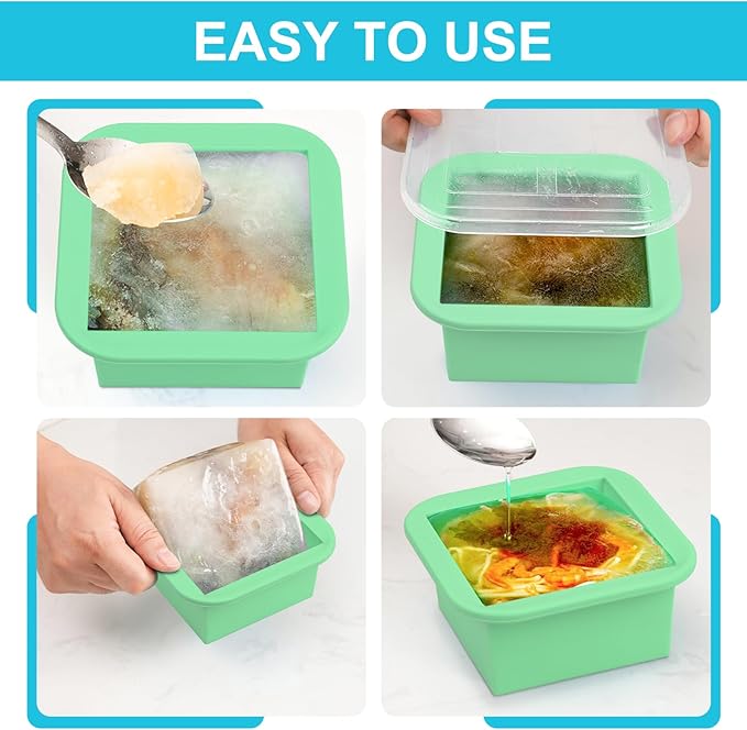 Silicone Freezer Tray with Lid 2 Pack Silicone Freezer Molds Ice Cube Tray Makes 2 Perfect 2 Cup Portions Soup Cubes Meal Prep Containers- Oven & Dishwasher Safe