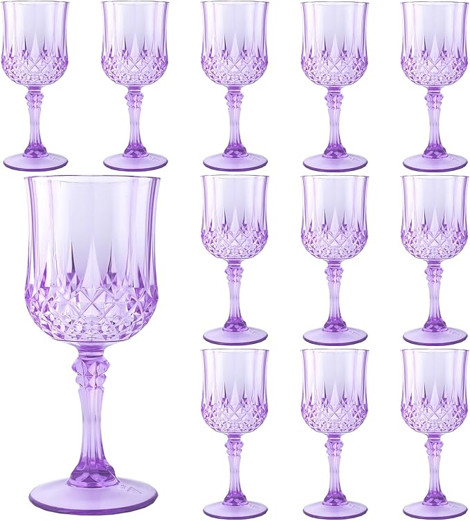 Plastic Wine Glasses, Plastic Goblets Vintage Style Cordial Unbreakable Drinking Glasses, Reusable Drinkware for Wedding Reception, Grand Event Party Supplies (12, Purple)