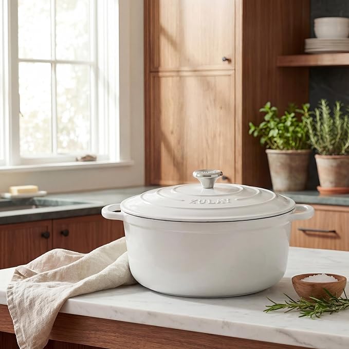 Zulay Kitchen 5 Quart Enameled Cast Iron Dutch Oven Pot with Lid – Premium Durability & Oven Safe up to 500°F – Heavy Duty Cookware Perfect for Bread Baking, Stews, Braising & Roasting – White