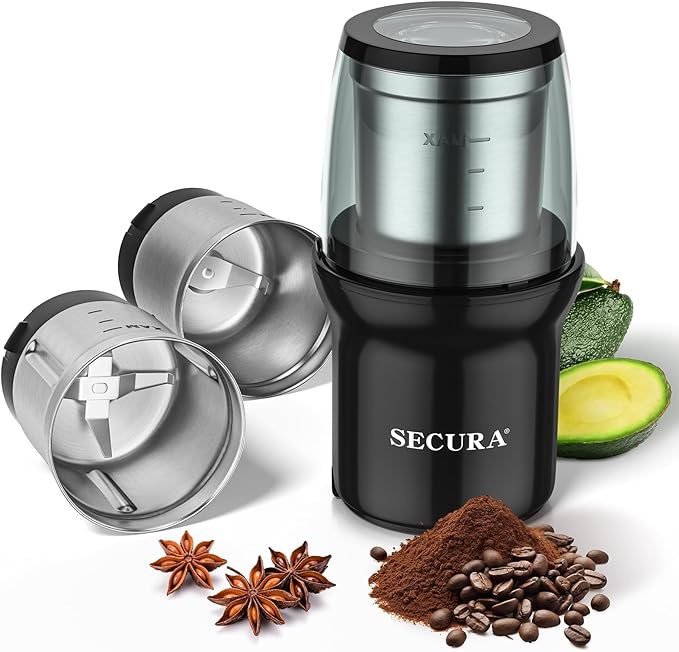Secura Electric Coffee Grinder and Spice Grinder with Stainless Steel Blades, 2 Removable Bowls, Black