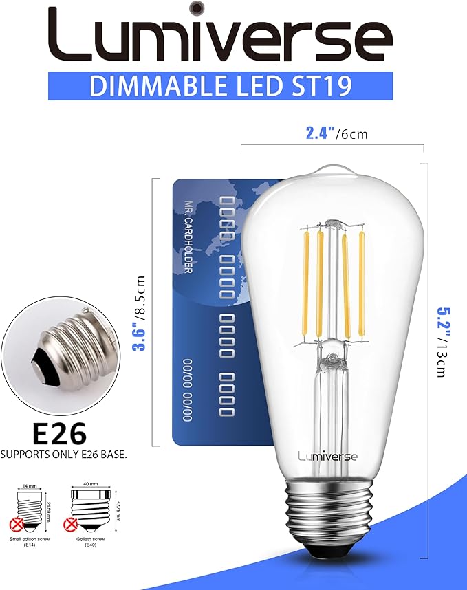 Lumiverse 120 Pack E26 led Bulb 60 watt dimmable Vintage LED Edison Bulbs 5.5W, 60W Equivalent,4000K Cool White, Antique Style ST19/ST58 LED Light Filament Bulbs, CRI 90+, E26 Base