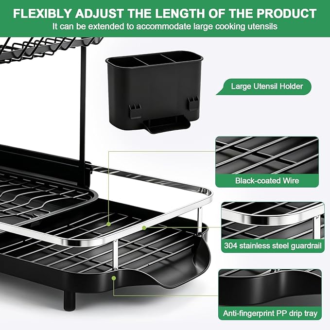 Dish Drying Rack for Kitchen Counter, 2 Tier Large Expandable Dish Drainer with Drainboard Set and Removable Utensil Holder, Space-Saving Countertop Organizer