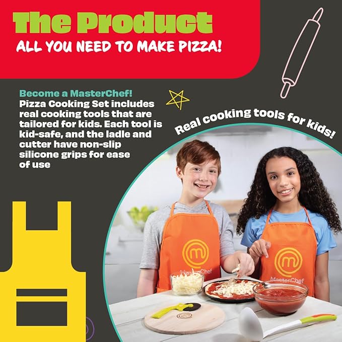 MasterChef Junior Pizza Cooking Set - 5 Pc Kit Includes Real Cookware for Kids w Recipes, Board, Roller - Make Homemade Pizza, Birthday