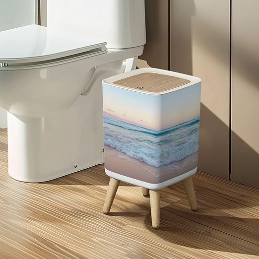 Small Trash Can with Lid Ocean Waves Sand Beach Wastebasket with Press Cover Dog Proof Garbage Can Waste Bin for Kitchen Bathroom Nursery 2.6 Gallon