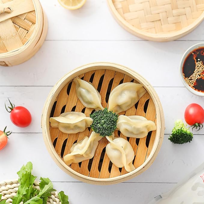 JMIATRY 3 Tier Bamboo Steamer 8 Inch Dumpling Steamer Basket With Side Handles Bamboo Steamers Basket With Lids for Steaming Cookware Asian Food, Bao Buns, Chinese Dim Sum, Dumpling
