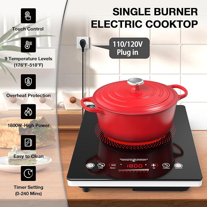 VBGK Single Burner Electric Cooktop,110V 1800W Electric Stove Top with LED Touch Control,Single electric burner 9 Power Levels, 4 hTimer, Safety Lock,Overheat protection