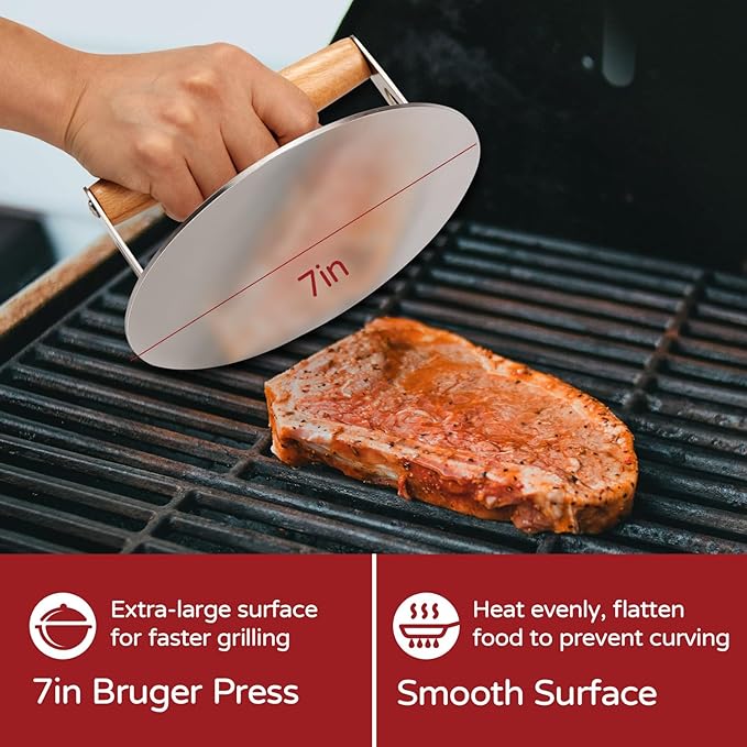 Smash Burger Press, 7 Inch 3mm Thickened Food Grade Stainless Steel Heavy Duty Round Grill Griddle Press with Wood Handle, Non-Stick for Hamburger Bacon Steak Panini