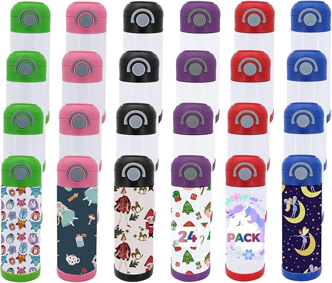 24 Pack 12 OZ Sublimation Straw Sippy Cup Spill Proof Blank Tumblers Mixed Color Stainless Steel Thermoses for Hot Drinks Bulk Double Wall Vacuum Insulated Water Bottle for School