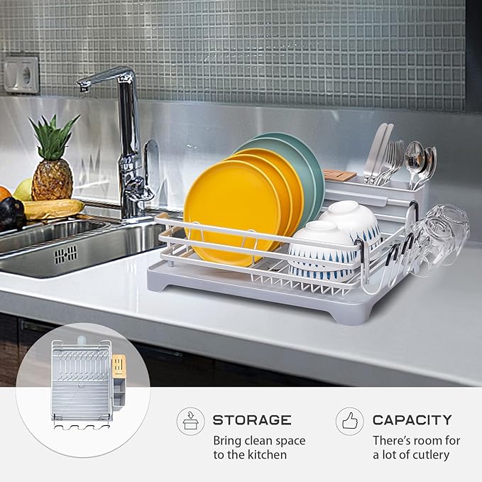 BRIAN & DANY Aluminum Dish Drying Rack, Dish Racks for Kitchen Counter, Dish Drainer with Removable Cutlery Holder & Cup Holder, 16.5" L x 11.8" W, Light Grey